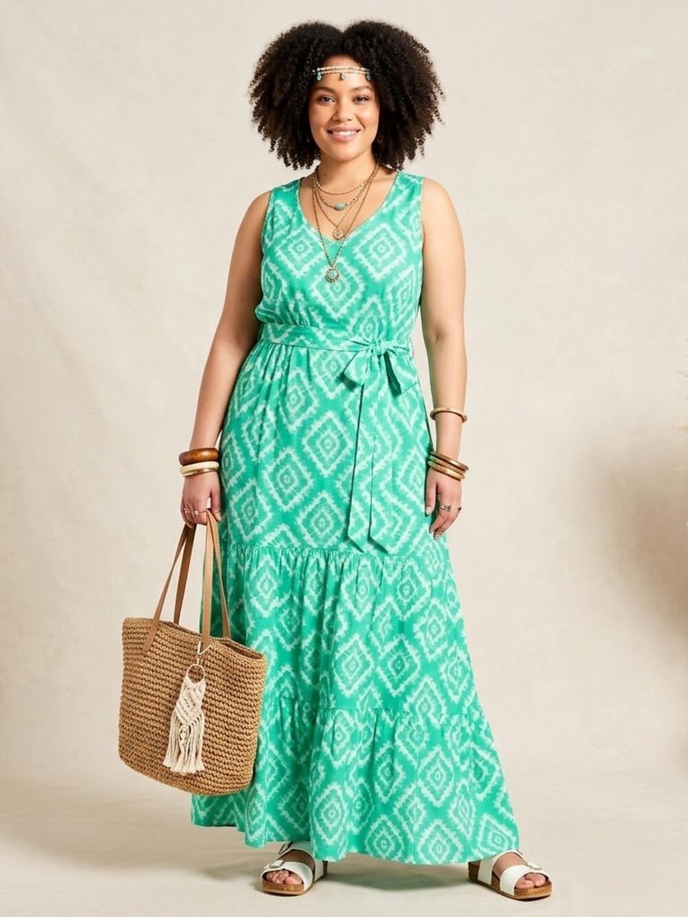 AVENUE Size 16W Green Tribal Aztec Print Annie Sleeveless V-Neck Maxi Dress